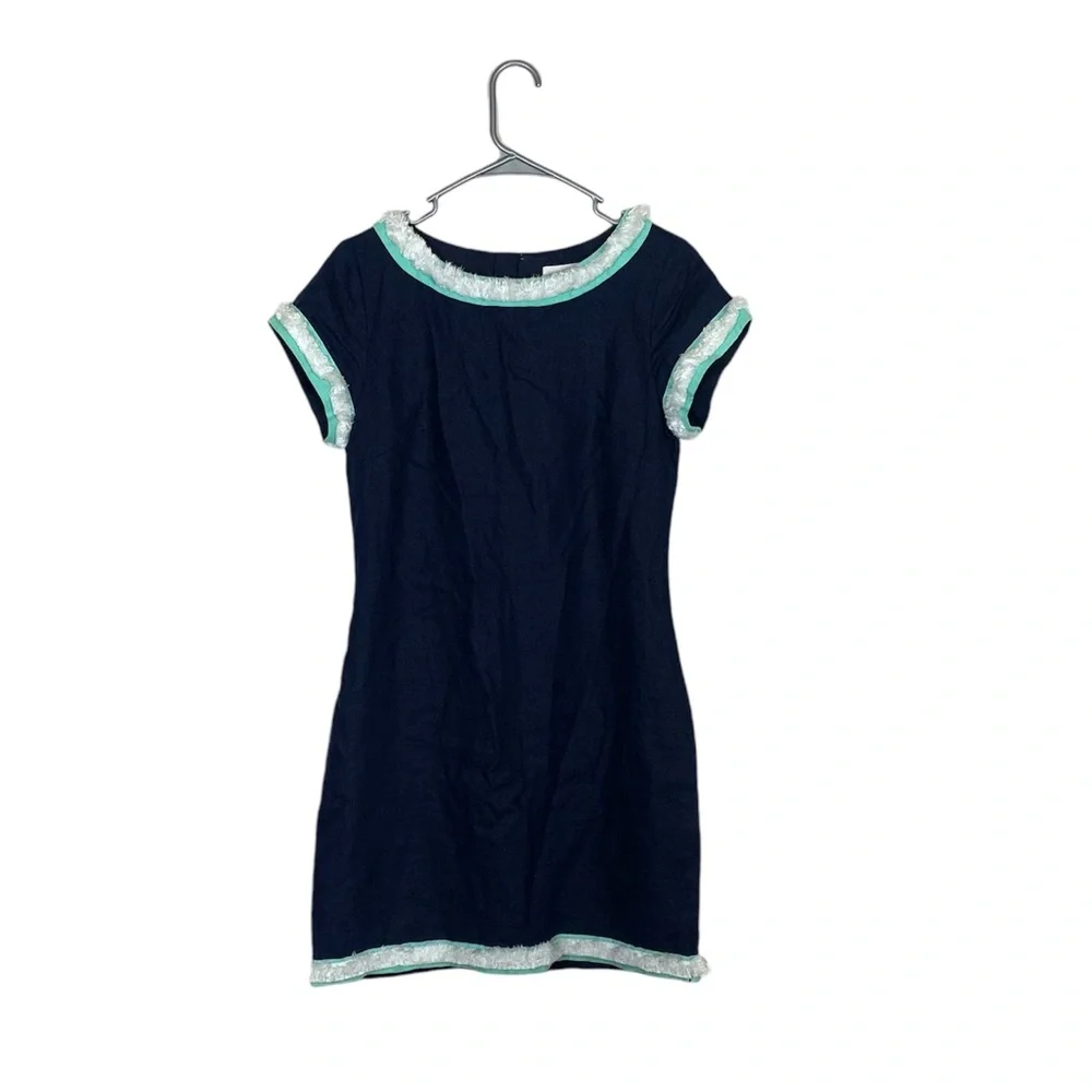 STS Sail to sable navy Linen Shift Dress with Fringe Trim size 6 cruise nautical - Picture 2 of 9
